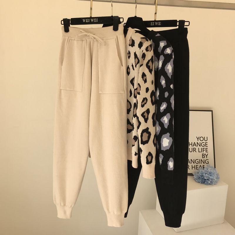 Streetwear leopardo impresso malha dois peice terno feminino manga longa o pescoço camisola topos + cor sólida harem calças casual agasalho