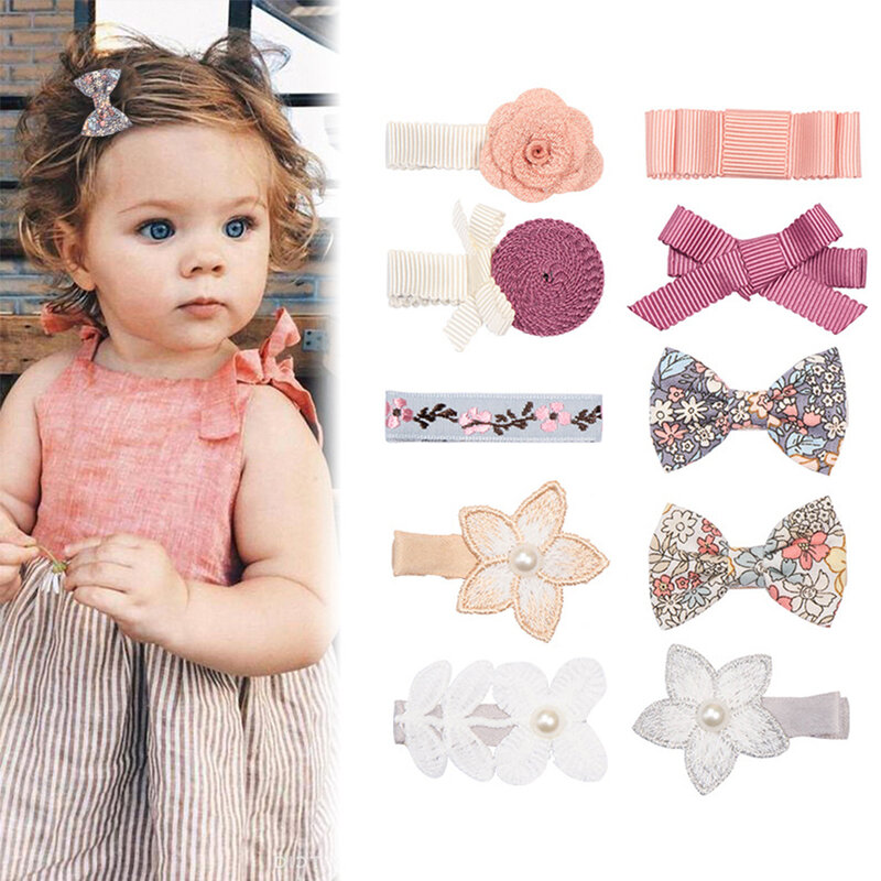 10 Colors Baby Girls Print Hairpin Knotted Bownot Hairpin Cute Lace Pearl Flower Hair Clips Hair Accessories Headwear
