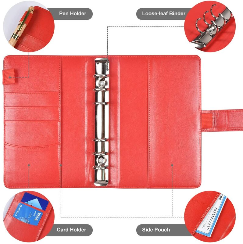 A6 Plastic Binder Pockets with Leather Notebook Binder Cover, 6-Ring Budget Binder Loose Leaf Zipper Bags Envelope System