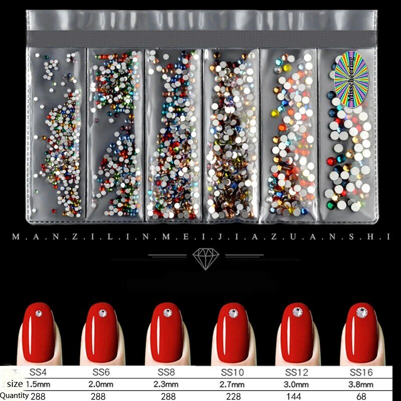 1 Pack 6 sizes Flatback Glass Nails Rhinestones Nail Art Stones Shiny Gems Manicure Accessories DIY Nail Art 3D Decoration