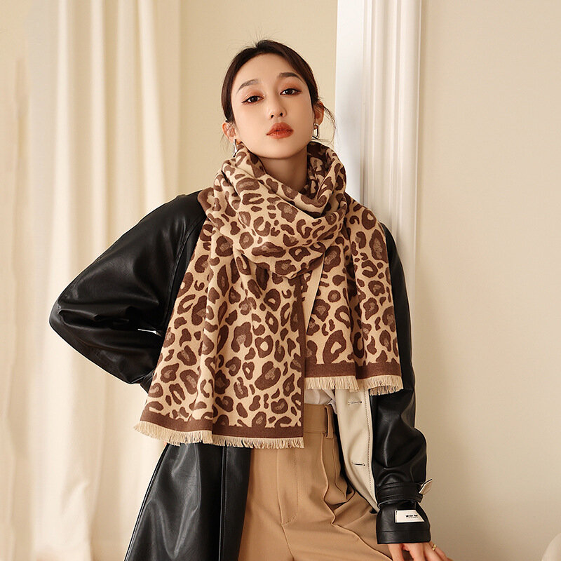 Outono e inverno cachecol feminino imitação cashmere leopardo longo quente cachecol decoração dupla finalidade xale senhoras acessórios