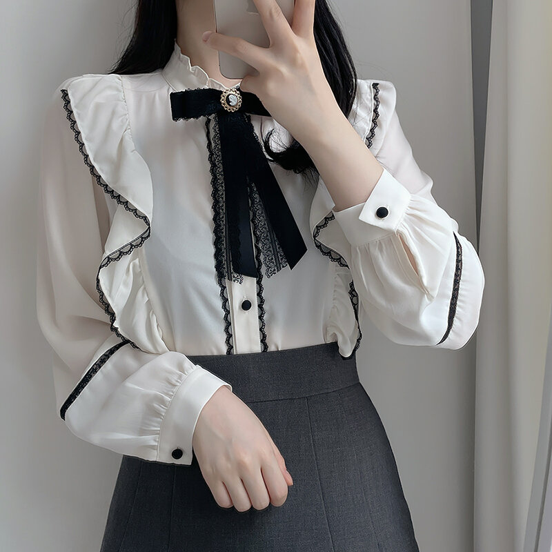 Женская шифоновая блузка с оборками, элегантная кружевная блузка с длинным рукавом и бантом, весна 2022