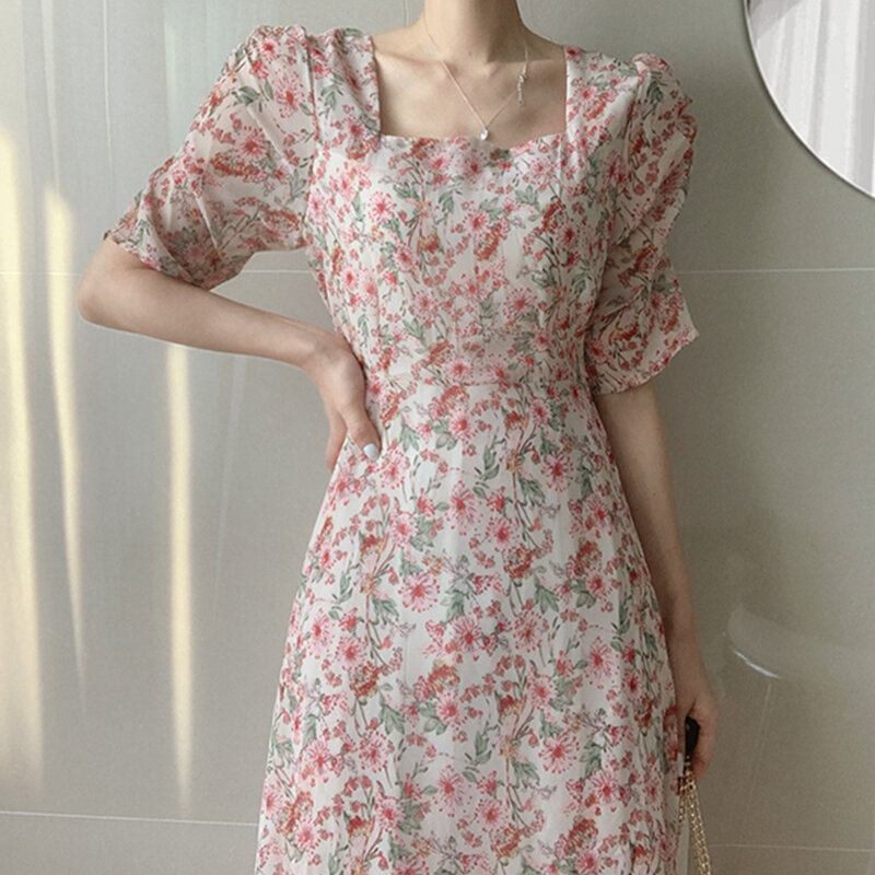W koreańskim stylu szykowny lato w stylu Vintage francuski styl elegancka sukienka słodki kwadrat krótki bufiasty rękaw siatkowa sukienka Midi z nadrukiem kwiatowym Party Holiday