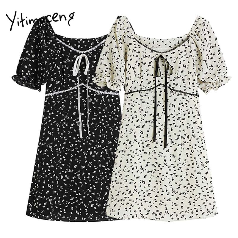 Yitimuceng Imprimé Floral Robes Femmes Été Arc À Lacets À Manches Longues Taille Haute A-ligne Noir Abricot 2021 Robe De Mode coréenne