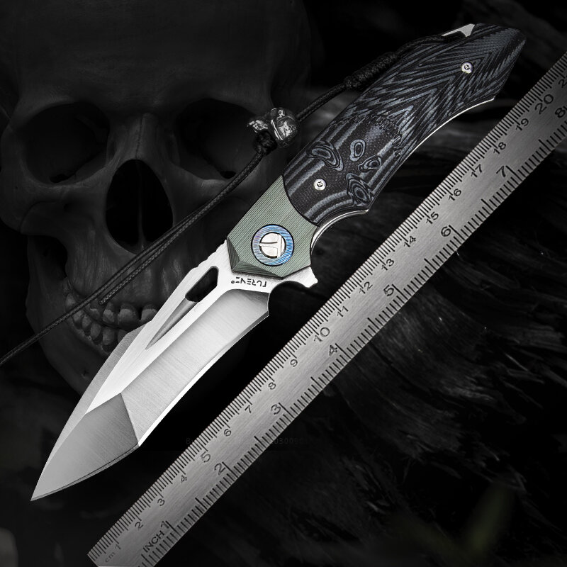 سكين جيب قابل للطي بتصميم جمجمة ، مقبض من التيتانيوم والدمشقي G10 ، سكاكين EDC Tanto Point للدفاع عن النفس في الهواء الطلق