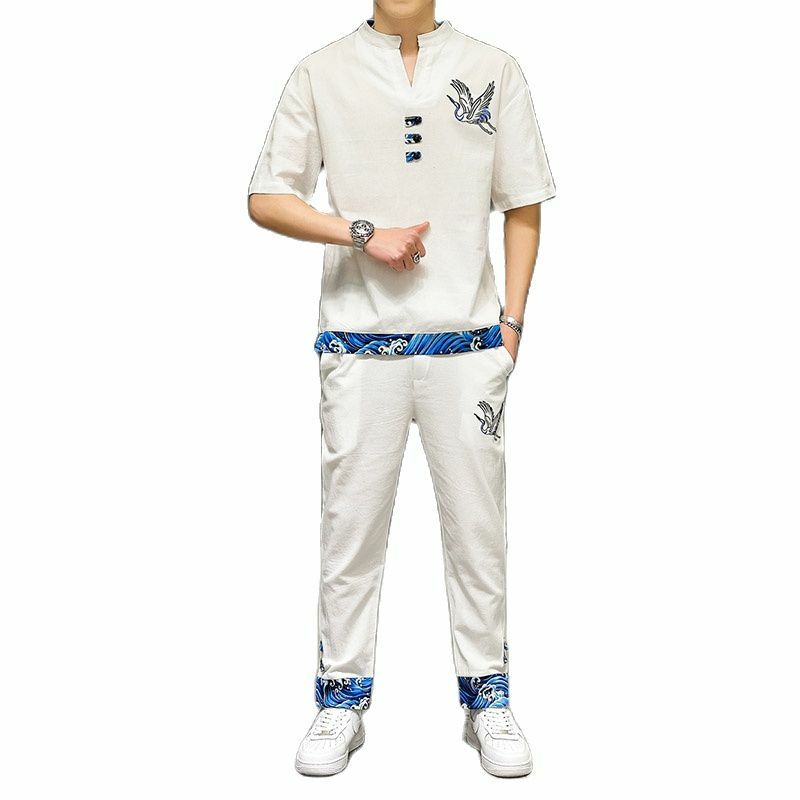 Grulla-conjuntos para hombre bordada estilo chino, ropa de calle informal de manga corta con bolsillos y cintura elástica, conjuntos para hombre holgados Vintage