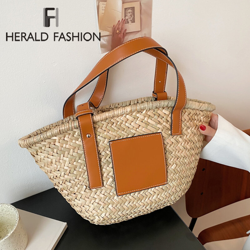 Плетеная соломенная женская сумка-тоут, Дизайнерские летние дамские сумочки контрастных цветов на ремне, дорожная соломенная сумка для отп...