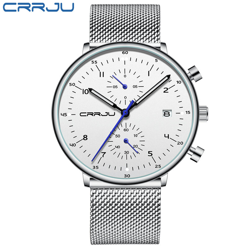 Часы CRRJU Мужские кварцевые деловые, Классические повседневные водонепроницаемые спортивные с сетчатым браслетом, с календарем