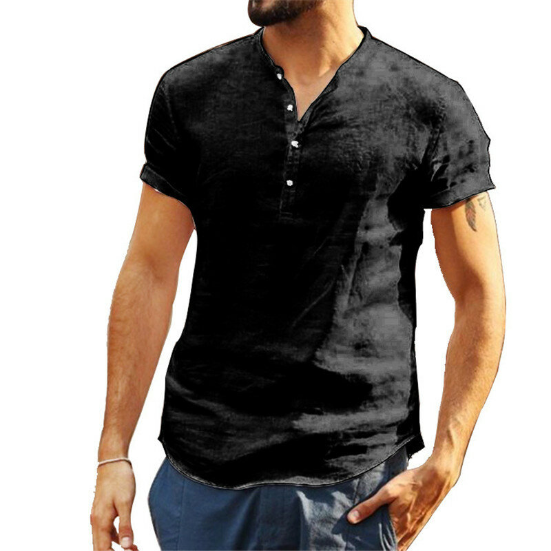 メンズリネンブラウス夏シャツ半袖だぶだぶボタン夏固体快適なカジュアルルースホリデーシャツ2021 tシャツトップス