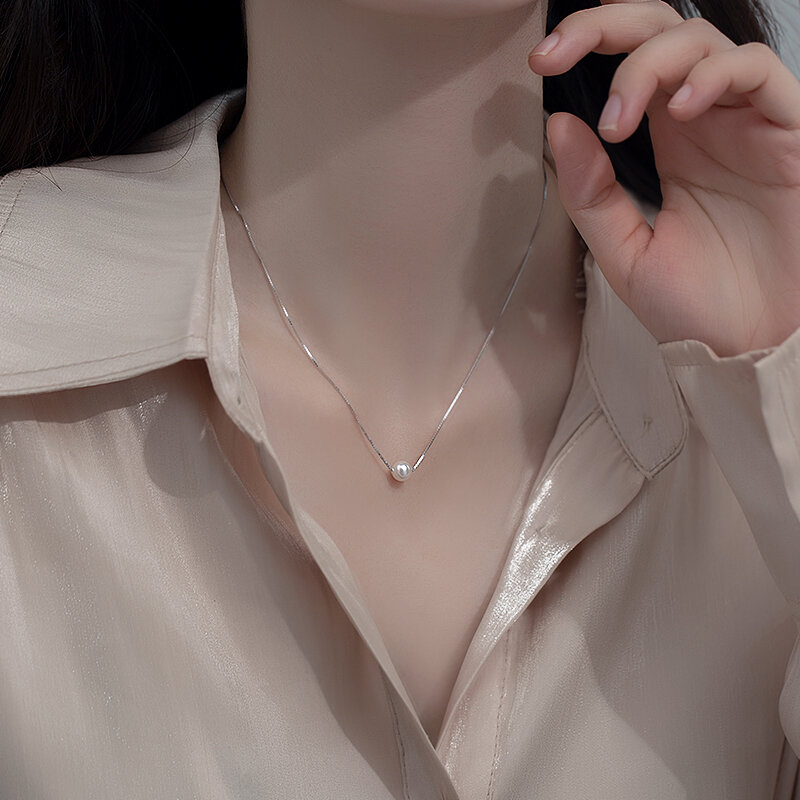 925 prata esterlina pequena pérola colar de água doce natural contas redondas 6mm 8mm 10mm simples jóias femininas