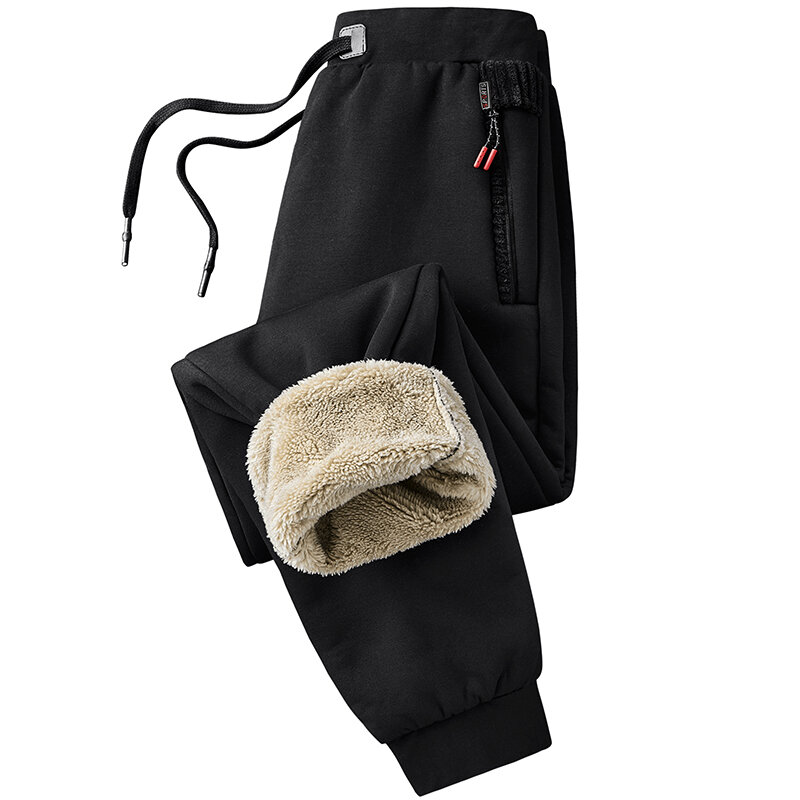 Calça de inverno masculina com bolsos de zíper, calça de moletom para corrida, preto, cinza, grossa, quente, de lã, calças térmicas casuais, tamanho grande 8xg
