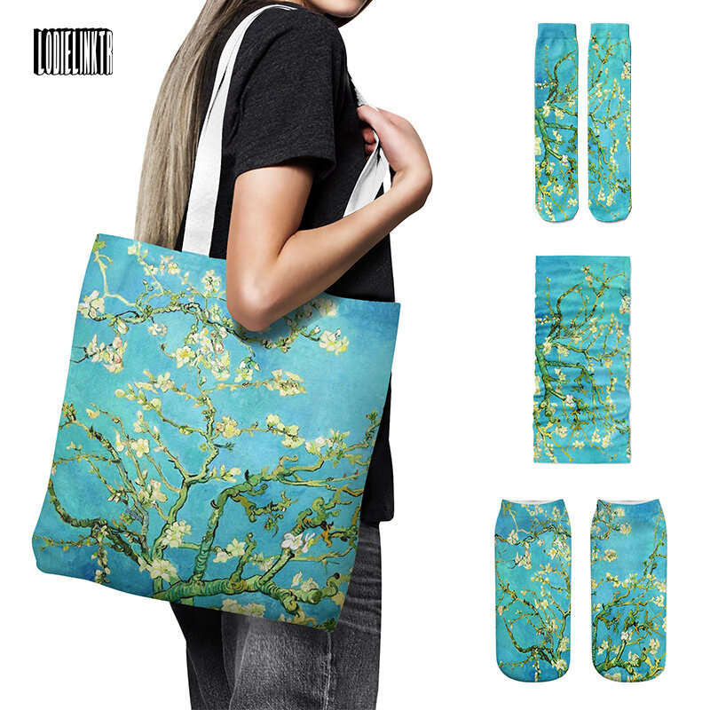 Van Gogh-conjunto de bolsas de lona con pintura al óleo para mujer, calcetines con estampado de flor de Iris, noche estrellada, girasoles, pañuelo para la cabeza, conjunto de alta calidad para regalo