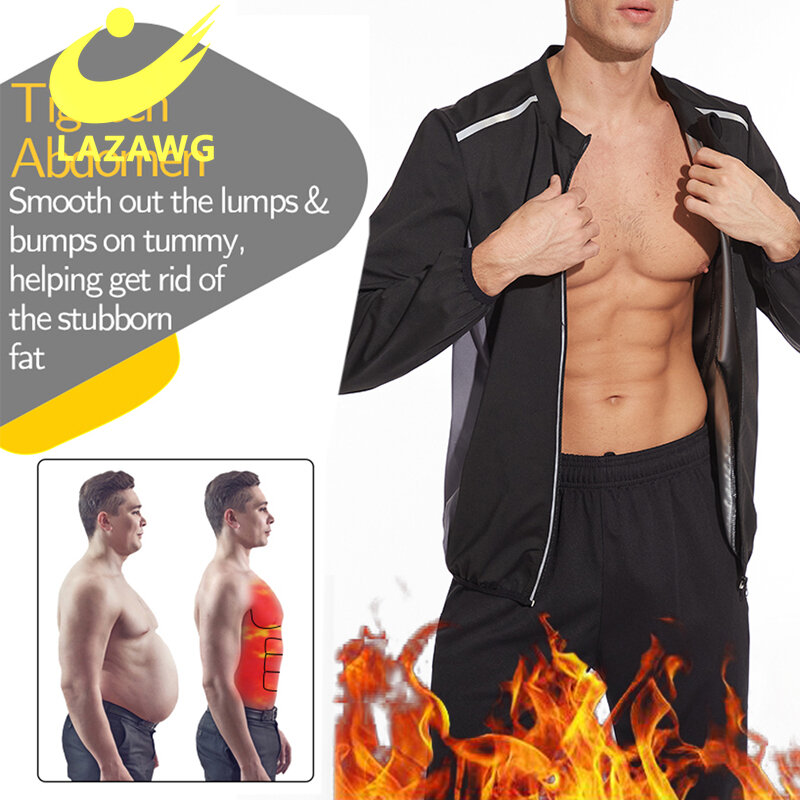 Lazawg quente suor sauna camisa homem corpo shaper zíper cintura trainer colete ginásio fitness perda de peso queimador gordura treino emagrecimento topos
