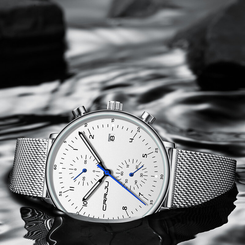 Męskie zegarki CRRJU klasyczne biznesowe męskie siatkowe zegarki na co dzień wodoodporne sportowe kwarcowe zegarek męski z kalendarzem Relogio Masculino