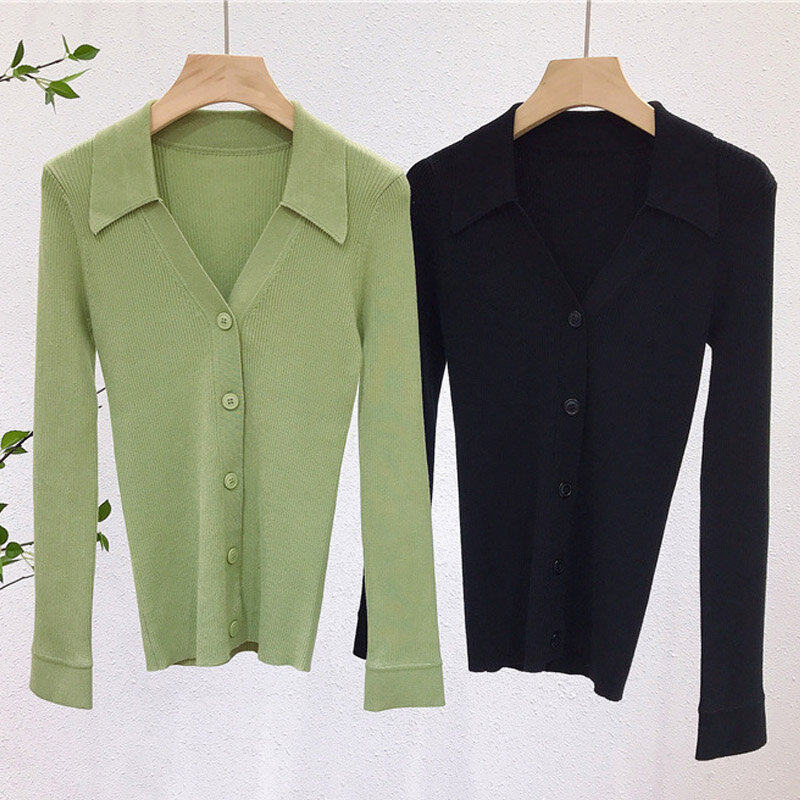 Green Long Sleeve Knitted Cardigan Women V-Neck Button-Down Cardigan Sweater Female Elegant Fitted  Knitwear Top
