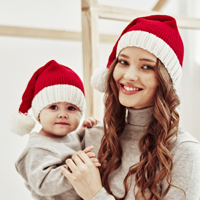 Детская шапка с Санта Клаусом, Красная шапка для родителей и детей с белым помпомом, вязаная шапка для взрослых, мягкая шапка, Рождественска...