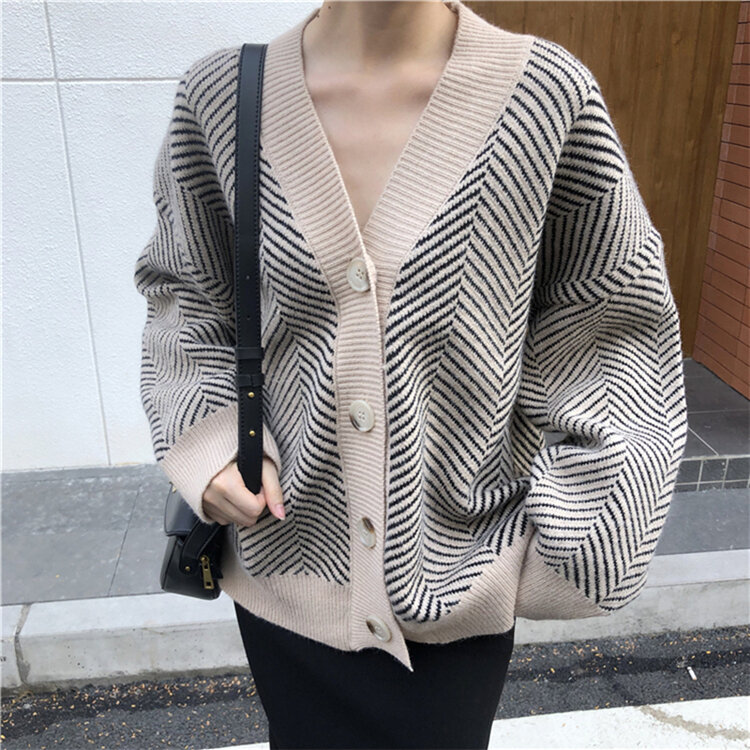 Swetry damskie jesień zima 2020 modne paski Casual V-Neck rozpinane pojedyncze piersi luźne damskie