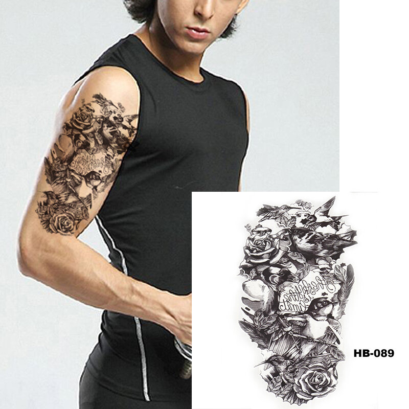 Tatuajes 3D para cuerpo, brazo, pierna, mujer, tatuaje temporal, pegatina impermeable, tatuaje guapo, tatuajes negros grandes con purpurina, 12 Uds.