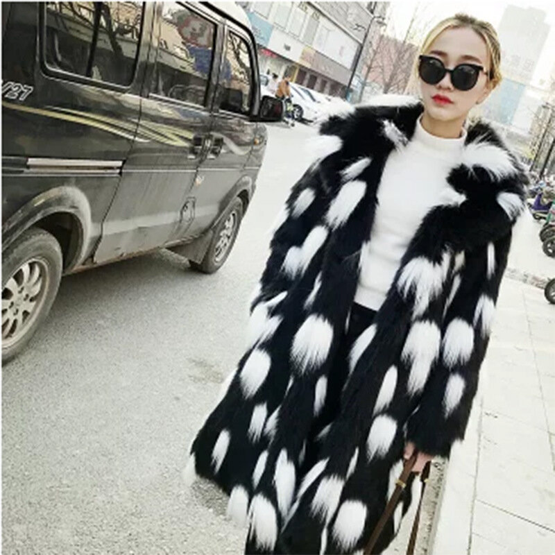 Novo casaco de pele sintética feminino, jaqueta de seção longa com gola virada para mulheres, preto e branco, sobretudo de pele de raposa d628