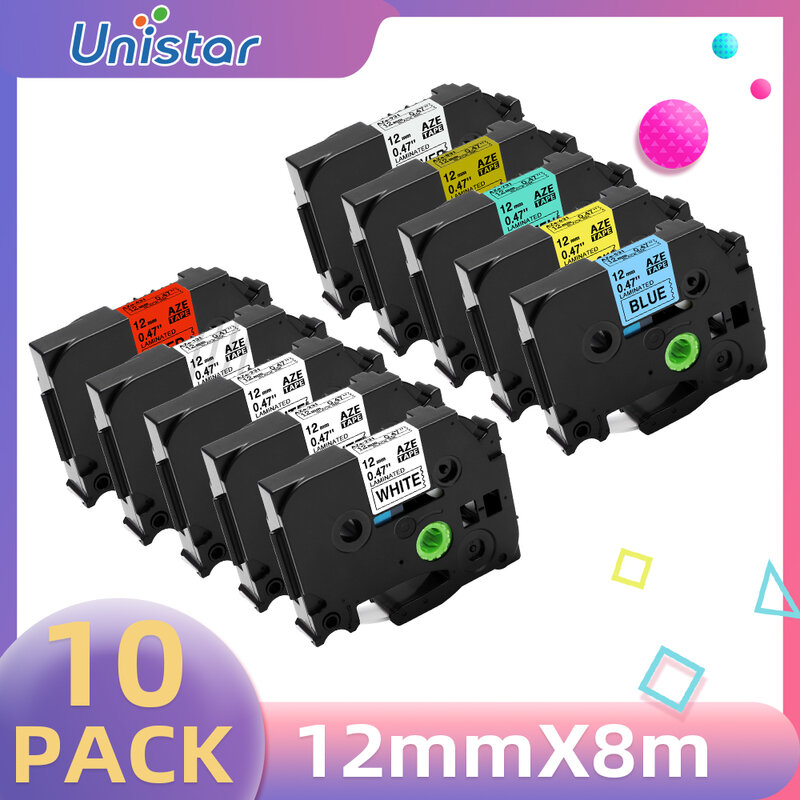 Paquete de 10 cintas de 12mm de tze-231, Compatible con cinta de etiquetas Brother para PTP700, 6mm, tze211, 9m, tze221, 18mm, tze241, 24mm, tze251, Color mezclado