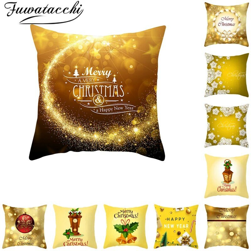 Fuwatacchi-funda de cojín con patrón navideño dorado, regalo de Año Nuevo, fundas de almohada decorativas para el sofá del hogar, 45x45cm