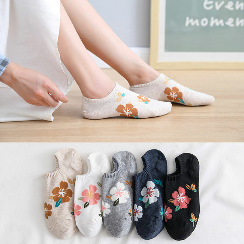 Meias curtas femininas kawaii, 5 pares, branco, floral, do tornozelo, invisível, divertida, estilo coreano