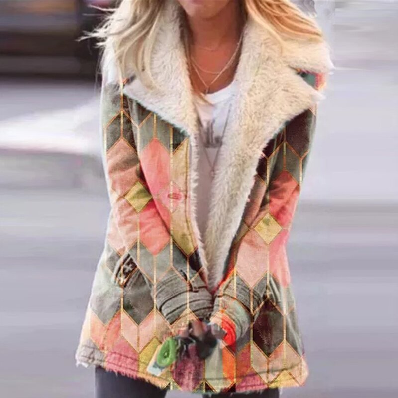 Jaqueta feminina, impressão de lapela casual, jaqueta de mangas compridas retro, novo casaco de pelúcia europeu e americano