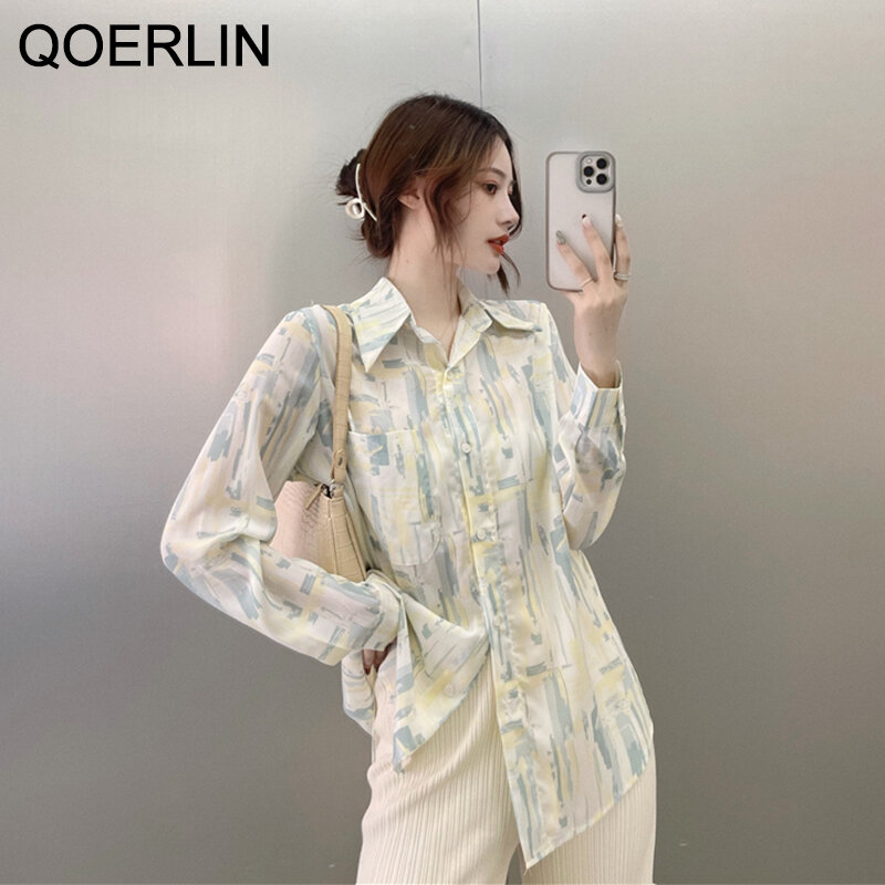 QOERLIN-camisas Tie-dye de estilo coreano para mujer, camisa holgada con cuello vuelto transparente, Tops abotonada, blusa para niña 2021