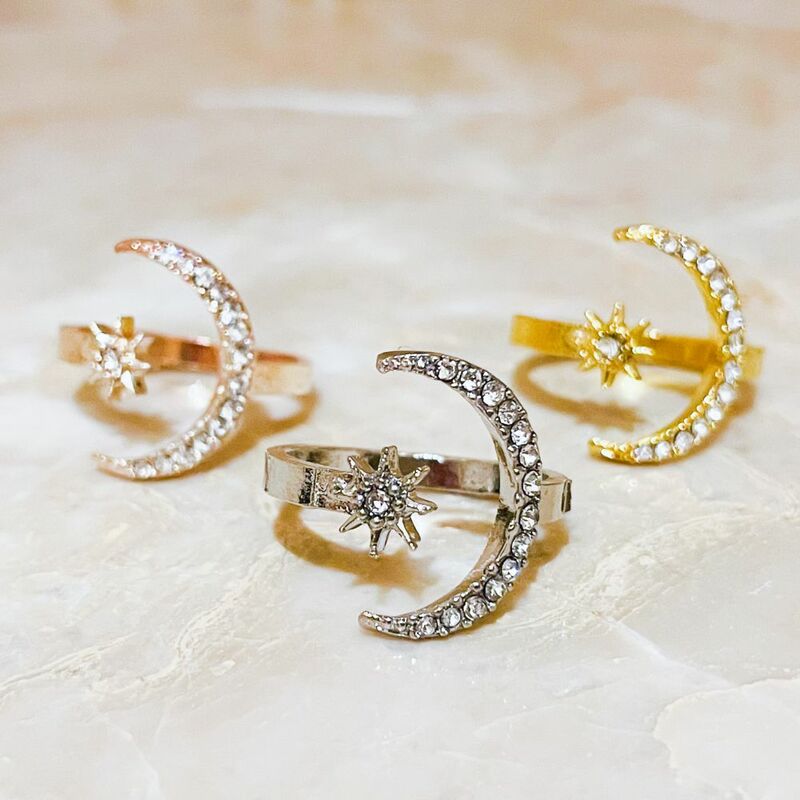 ONEIRIC DIARY Vintage Zircon Star Moon Rings Open Adjustable For Women Finger Ring Fashion Charm Lady Girl Jewelry