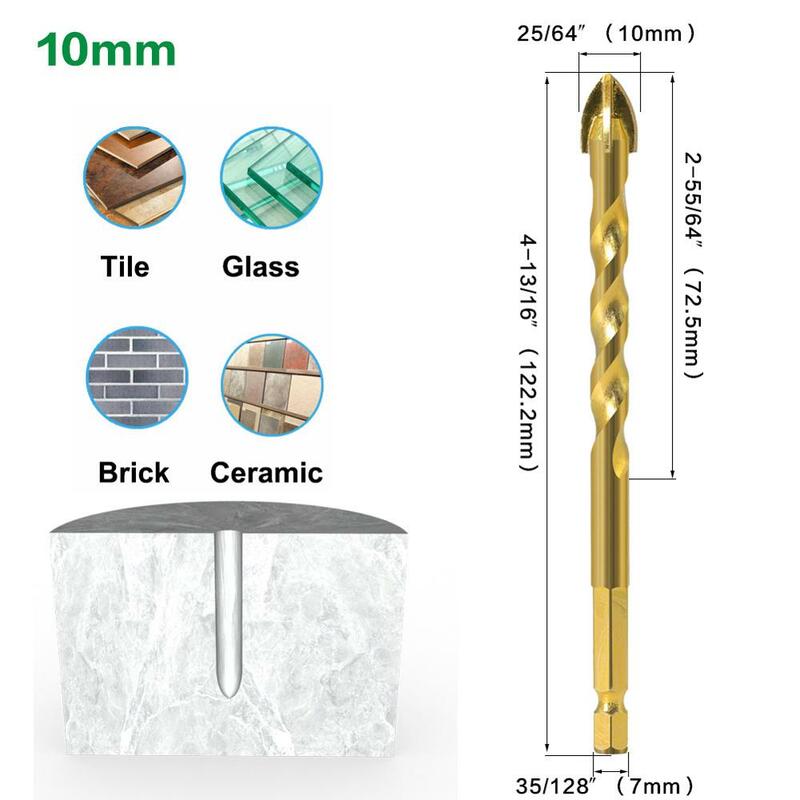 Vack 7mm hex haste torção brocas de vidro titânio conjunto broca de perfuração cerâmica 4 6 8 10 12mm telha concreto cruz ponta buraco bit