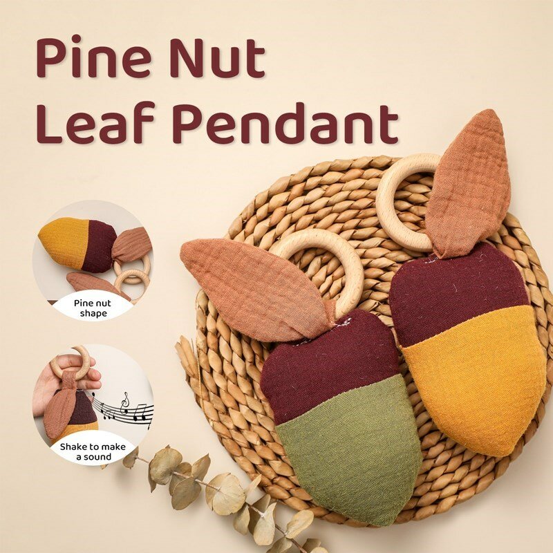 1Pc ไม้ Rattles แขวนจี้ผ้าฝ้าย Pine Nuts ใบสนธรรมชาติไม้ Rattle Ring สำหรับรถเข็นเด็กของเล่น