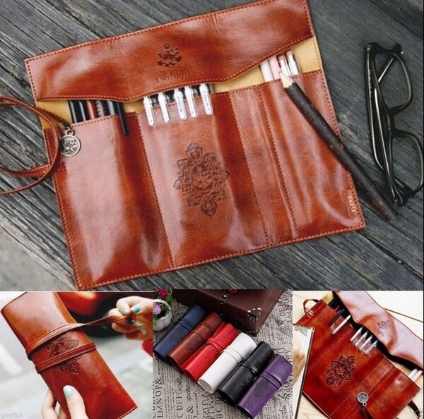Vintage Retro Roll Leather Make Up Cosmetic Pen Pencil Case Pouch Purse Bag