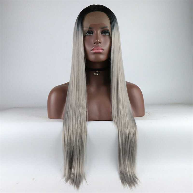 Ombre cinza 13*4 peruca dianteira do laço natural linha fina resistente ao calor fibra longa reta peruca de cabelo sintético para as mulheres com cabelo do bebê