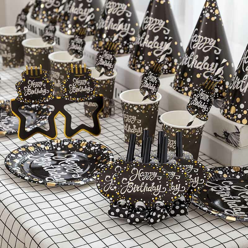 블랙 골드 도트 식탁보 블랙 테마 플레이트 세트 파티 특별한 생일 일회용 식기 웨딩 파티 베이비 샤워 용품