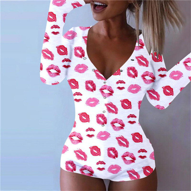 Hirigin leopardo impressão macacões pijamas sleepwear feminino butt flap sexy clubwear mujer lingerie decote em v profundo botões até macacão