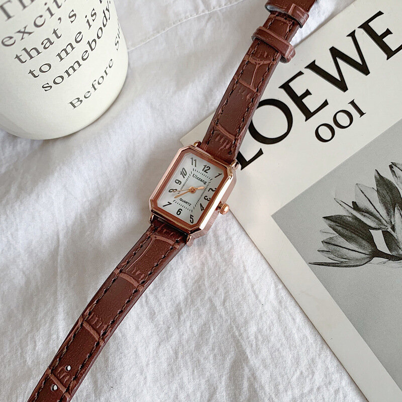 Ulzzang-relojes de moda para mujer, reloj de pulsera de cuero Vintage marrón con esfera de número Simple, rectangular