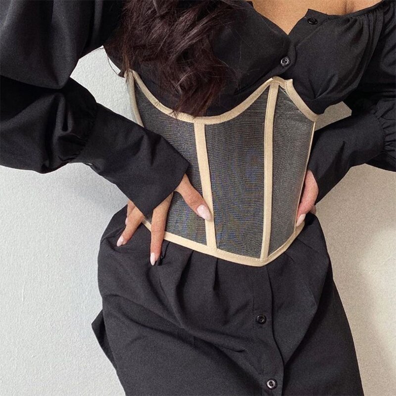 Casual Sexy Black Corset Top Women's Summer Fishbone Lace Up Bustiers Curve Shaper Patchwork Tops for Streetwear
