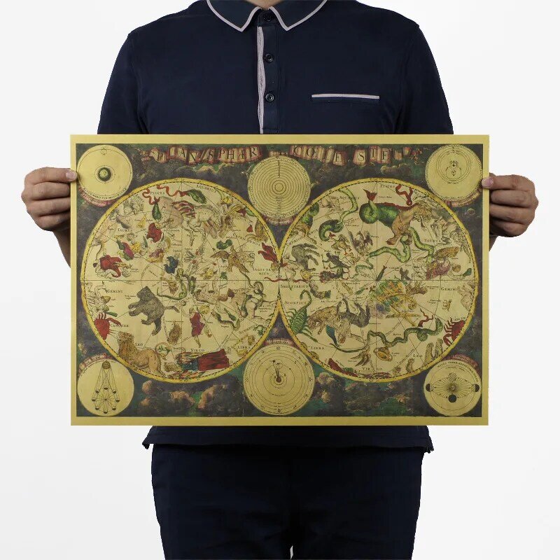 Pc001 tamanho grande retro nostalgia 1680 antiga constelação mapa 12 zodíaco 51x35.5cm mapa cartaz da parede carta bar café decoração para casa