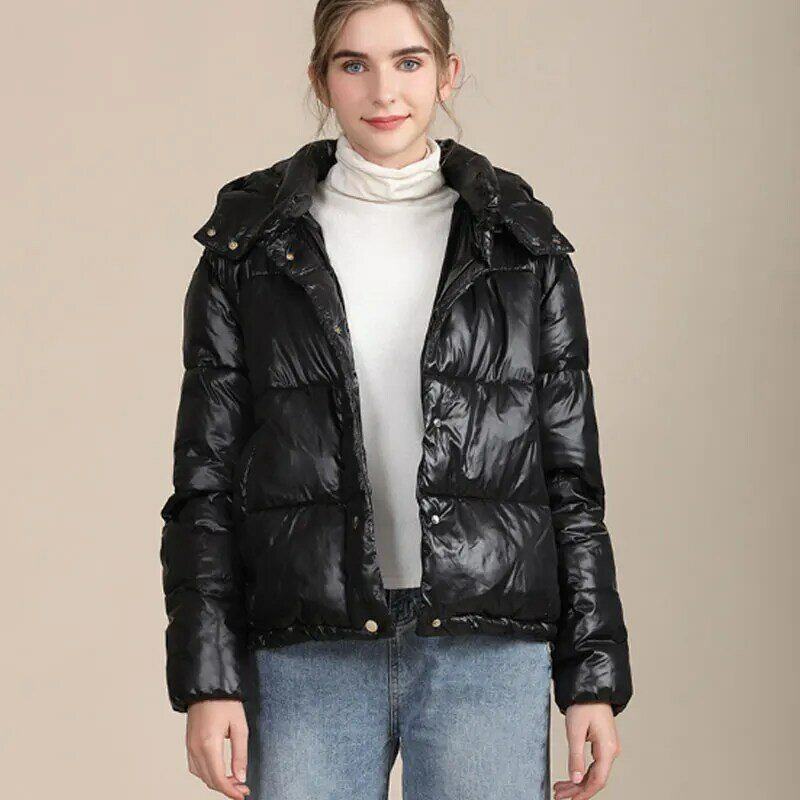ฤดูหนาวเสื้อแจ็คเก็ต2021ทั้งหมด Foreacha Hooded Single Breasted แขนยาวผู้หญิงตรงกับสีดำสั้น Plus ขนาด