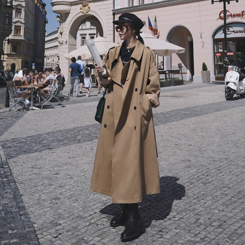 Fashion Korean Style Oversized Women's Trench Coat Double-Breasted Long with Belt Office Lady Windbreaker Spring Autumn Cloak