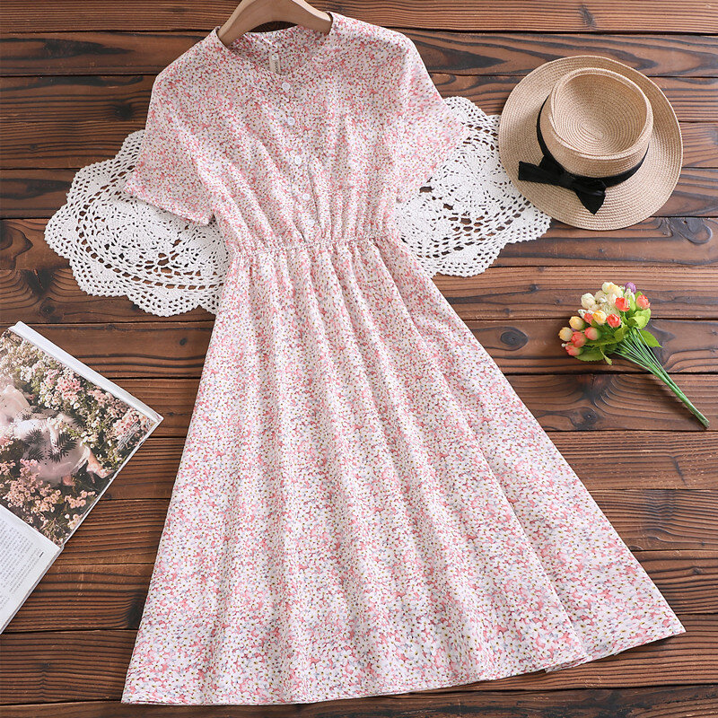 Mori girl summer floral vintage dress stand collar short sleeve chiffon dress