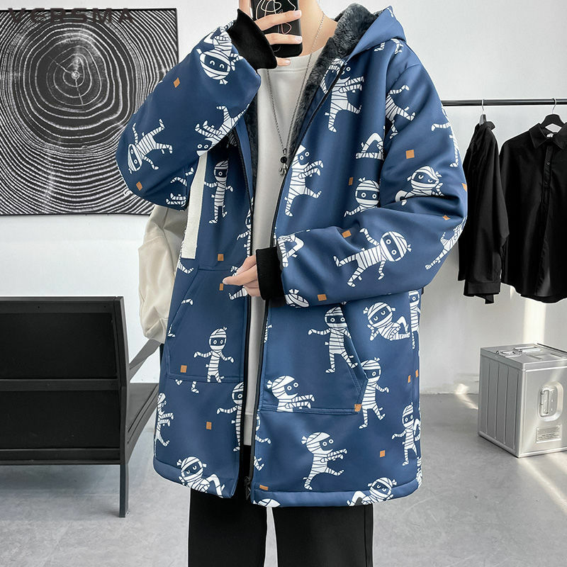 Versma coreano kpop gótico múmia impressão trench coat men inverno veludo hip hop capuz blusão grosso casaco longo dropshipping