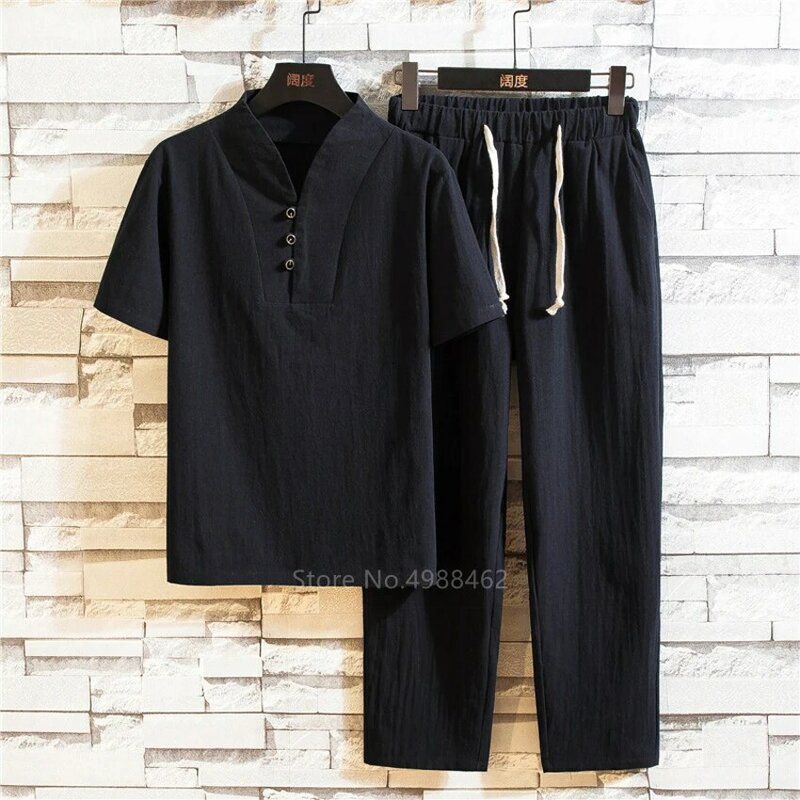 Traje Tang de lino de estilo chino para hombre, ropa tradicional, uniforme de Tai Chi Retro con cuello en V, conjunto de camisa de manga corta y pantalones