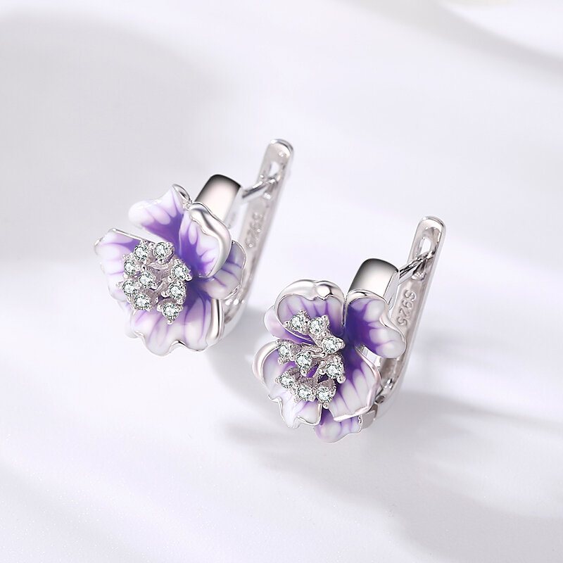 OGULEE New 925 Sterling Silver Sparkling CZ Exquisite Flower Earrings for Women Gold Blue Enamel Jewelry Valentine's Day Gift
