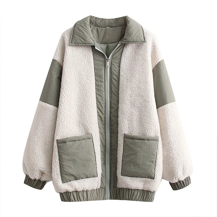 女性のための新しい韓国の秋と冬のジャケット,ラペルジッパー付きの女性の飛行羊のウールのステッチ,綿のジャケット2021