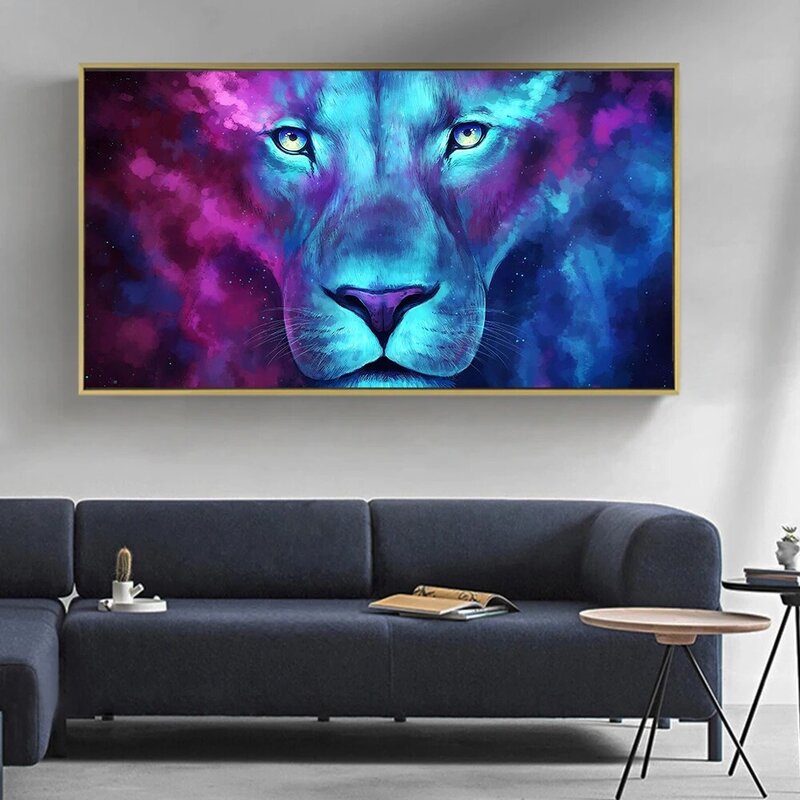 AAHH Big Size Colored Planet Glowing Lion Canvas Painting Modern Animal Picture Art Wall Art Poster for Living Room