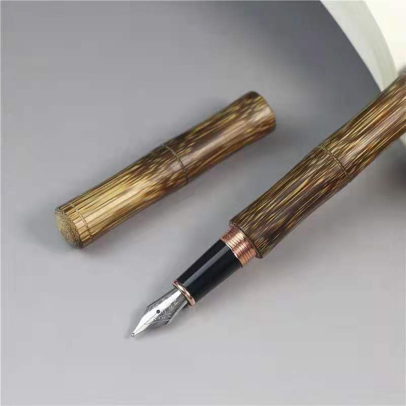 Stylo-plume en bambou naturel, fait à la main, fin, 0.5mm, belles rayures dorées, Collection de bureau et d'affaires