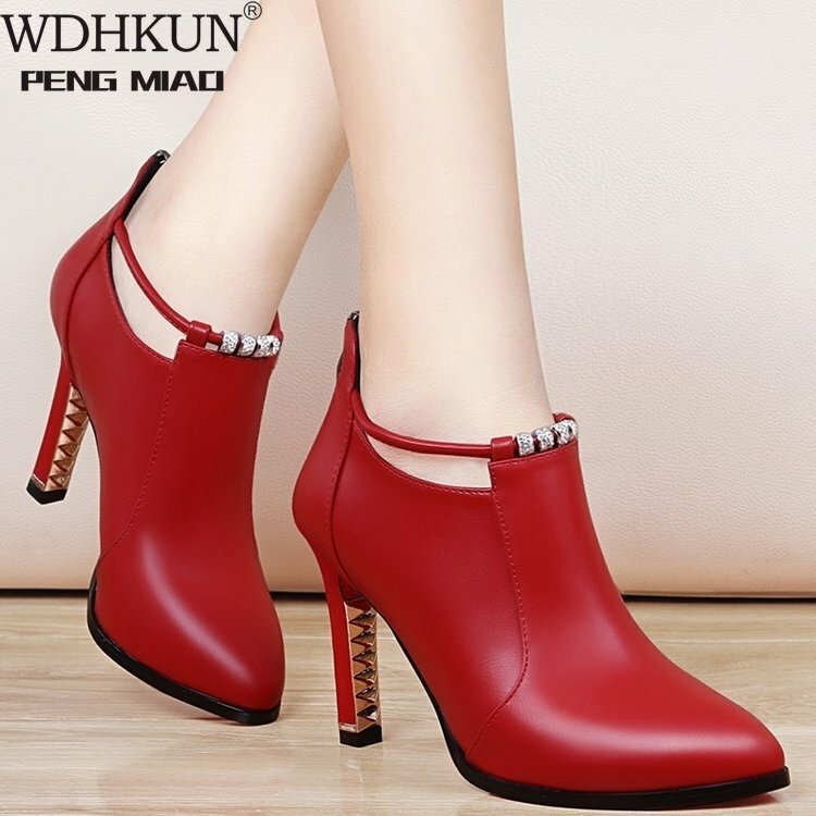 2021new botas de inverno rasa dedo do pé redondo botas femininas vermelhas saltos finos zip ankle boots couro do plutônio zapatos de mujer