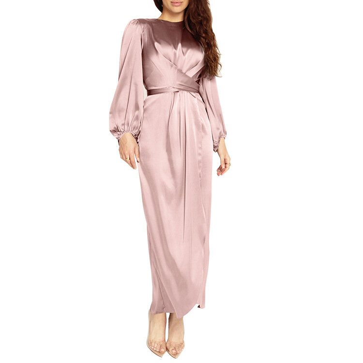 Vestido largo de satén para mujer, Simple y elegante túnica musulmana de Oriente Medio, cintura suave, ropa islámica de Dubái, nueva moda