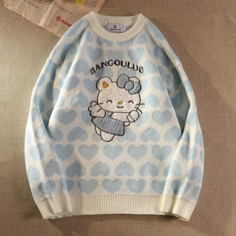 Otoño nuevo gato de dibujos animados 3D suéter bordado para mujeres de moda de gran tamaño Harajuku adorables largo Jersey manga Свитер с рисунком